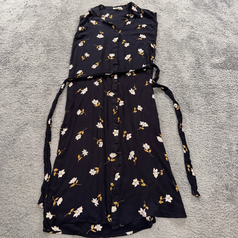 Billabong Dress Large Black Floral Sleeveless Button Down Midi Waist Tie Womens